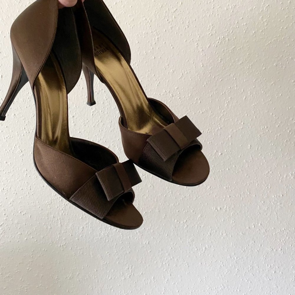 Stuart Weitzman D’orsay Satin Brown Open Toe Formal Heel Shoe 7M
